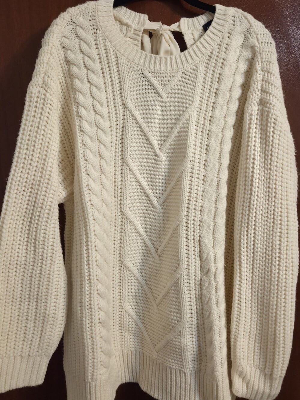 Cream Cable Knit Sweater With Bow